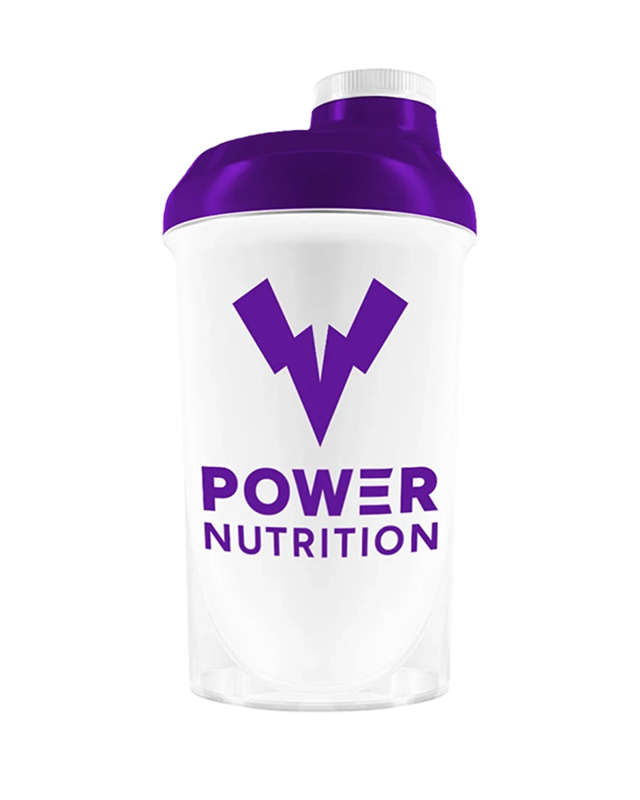 Lila och vit shaker flaska med lila Power Nutrition logotyp