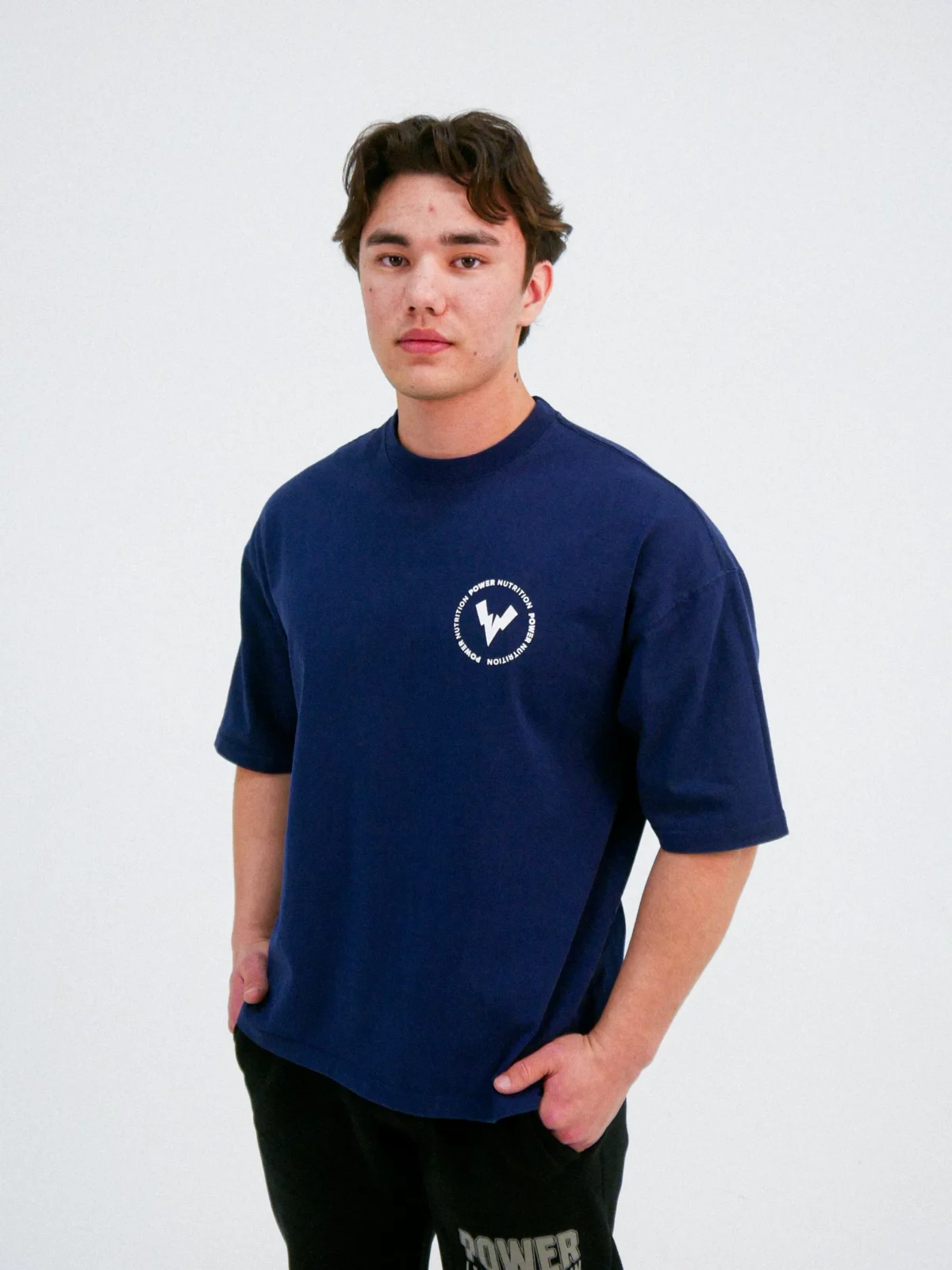 Model wearing Signature Tee Blue front